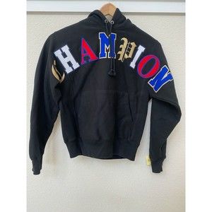 Champion Reverse Weave Black Hoodie Men's Small Sweatshirt Spell Out Logo